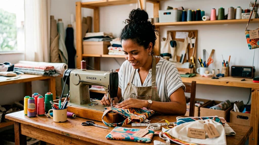Mulher costurando em atelier representando mulheres líderes que constroem seus negócios do zero